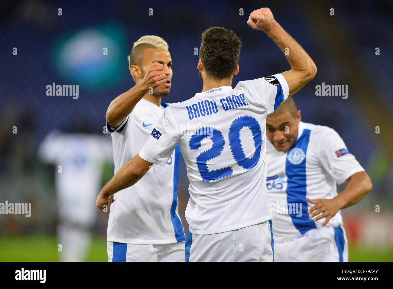 Rome, Italy. 26th November, 2015. Bruno Gama celebrates after scoring goal 1-1 during the Europe League football match S.S. Lazio vs F.C. Dnipro at the Olympic Stadium in Rome, on november 26, 2015 Credit:  Silvia Lore'/Alamy Live News Stock Photo