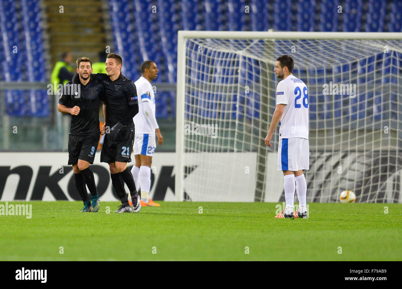 Rome, Italy. 26th November, 2015. Filip Djordjevic celebrates after scoring a goal 3-1 during the Europe League football match S.S. Lazio vs F.C. Dnipro at the Olympic Stadium in Rome, on november 26, 2015 Credit:  Silvia Lore'/Alamy Live News Stock Photo
