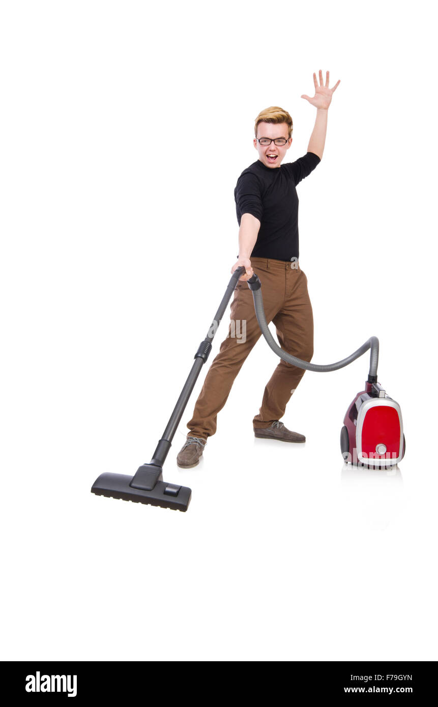 Funny man with vacuum cleaner on white Stock Photo Alamy