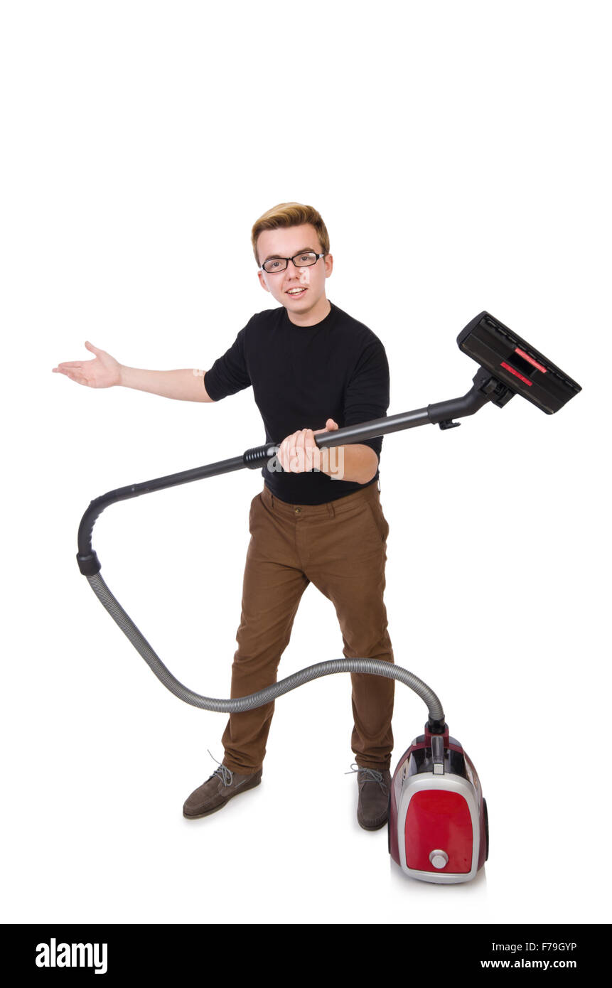 Funny man with vacuum cleaner on white Stock Photo Alamy