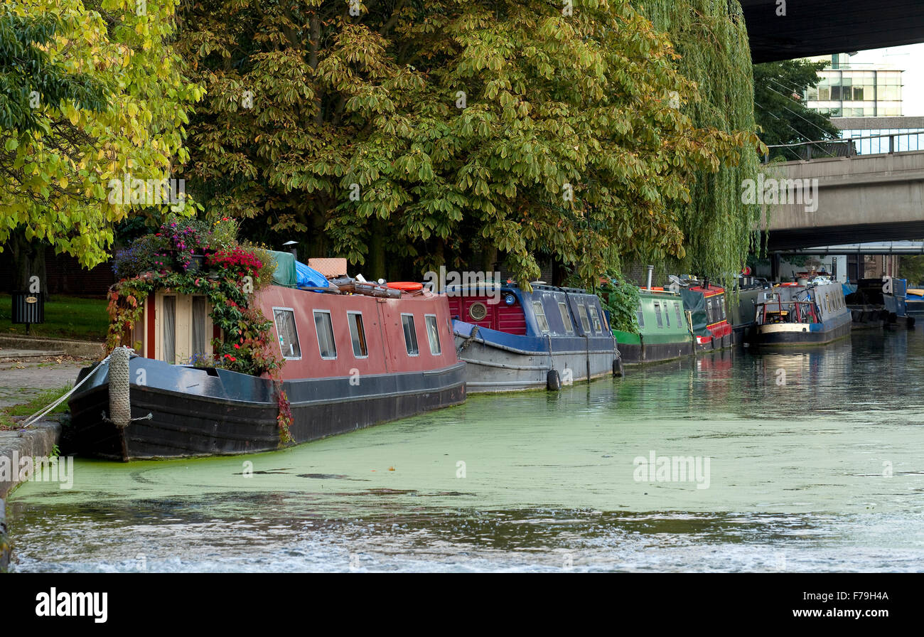 Living on a Boat. In the area known as Little Venice in London, England people use the canal boats as places to live. Stock Photo
