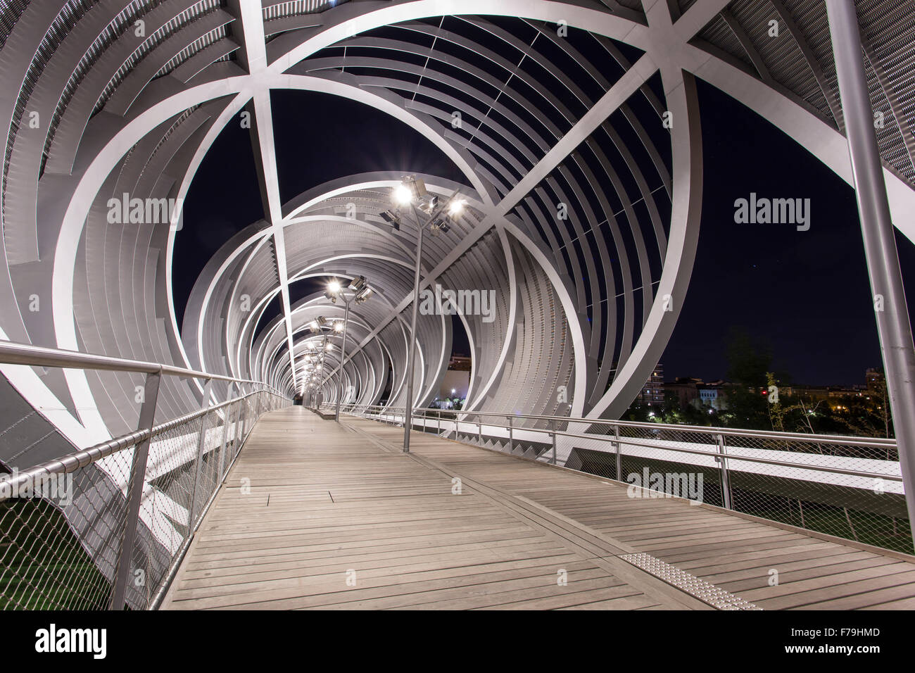 Night image of the Gateway  Perrault in Madrid River Park Stock Photo