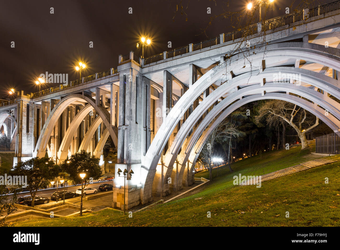Night image of the monumental bridge or viaduct in segovia street in madrid Stock Photo