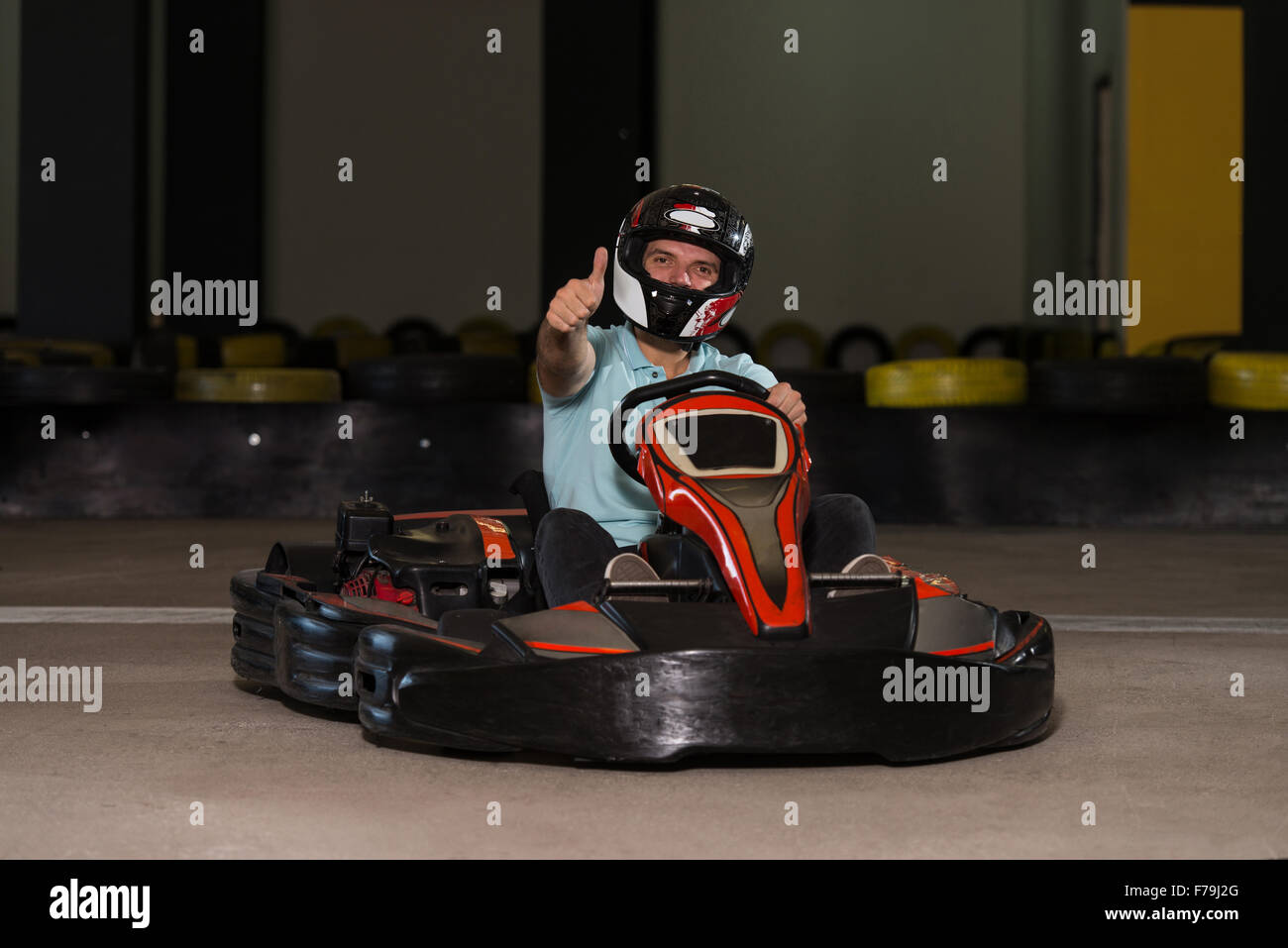 Young Man Is Holding Cup Speed Karting Race Stock Photo