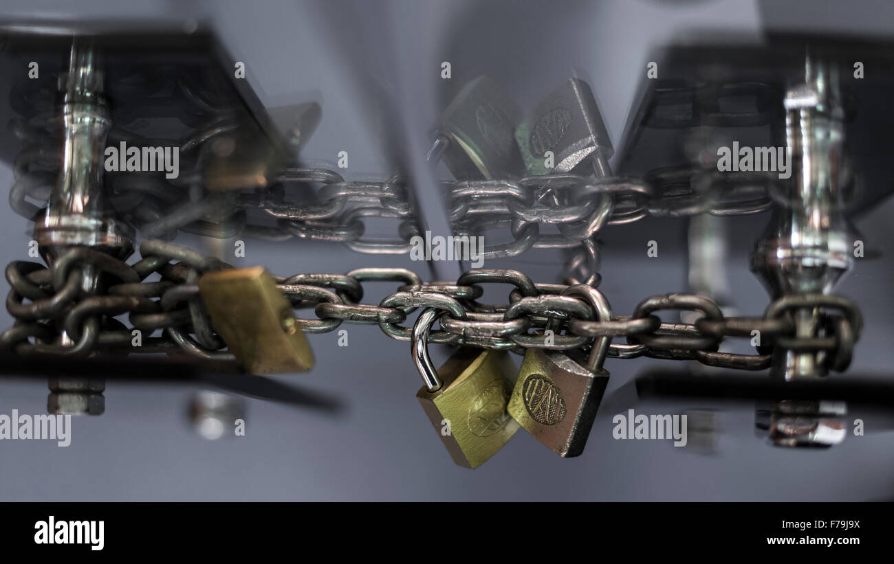 Glass Door Locked With Chains And Padlocks Stock Photo 90566390