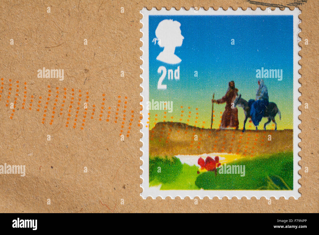 2nd class Christmas stamp showing Joseph with Mary on donkey stuck on