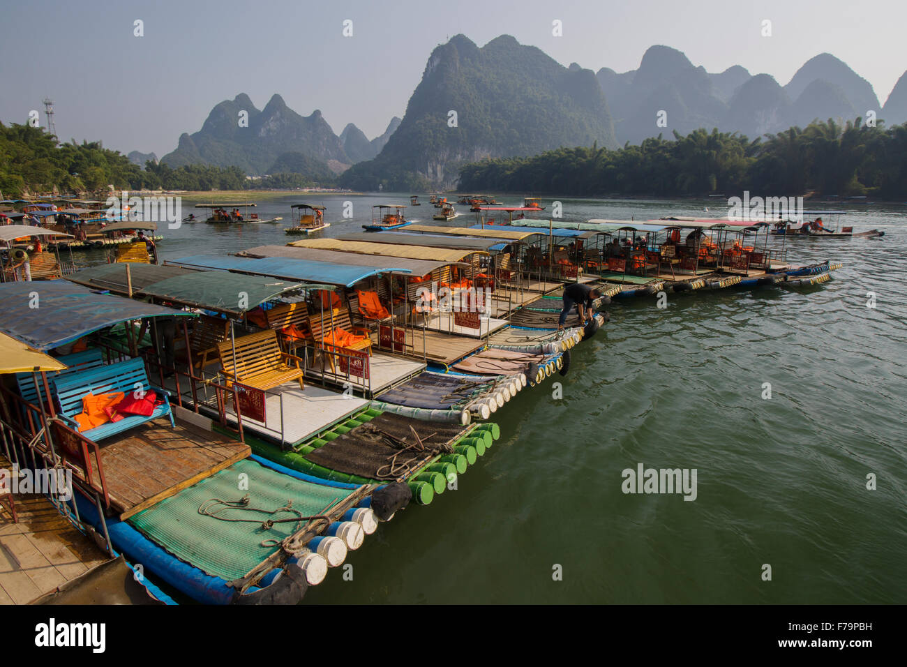 Tourist Bamboo Rafts on River Li at Xingping Guilin Region Guangxi, China LA008203 Stock Photo