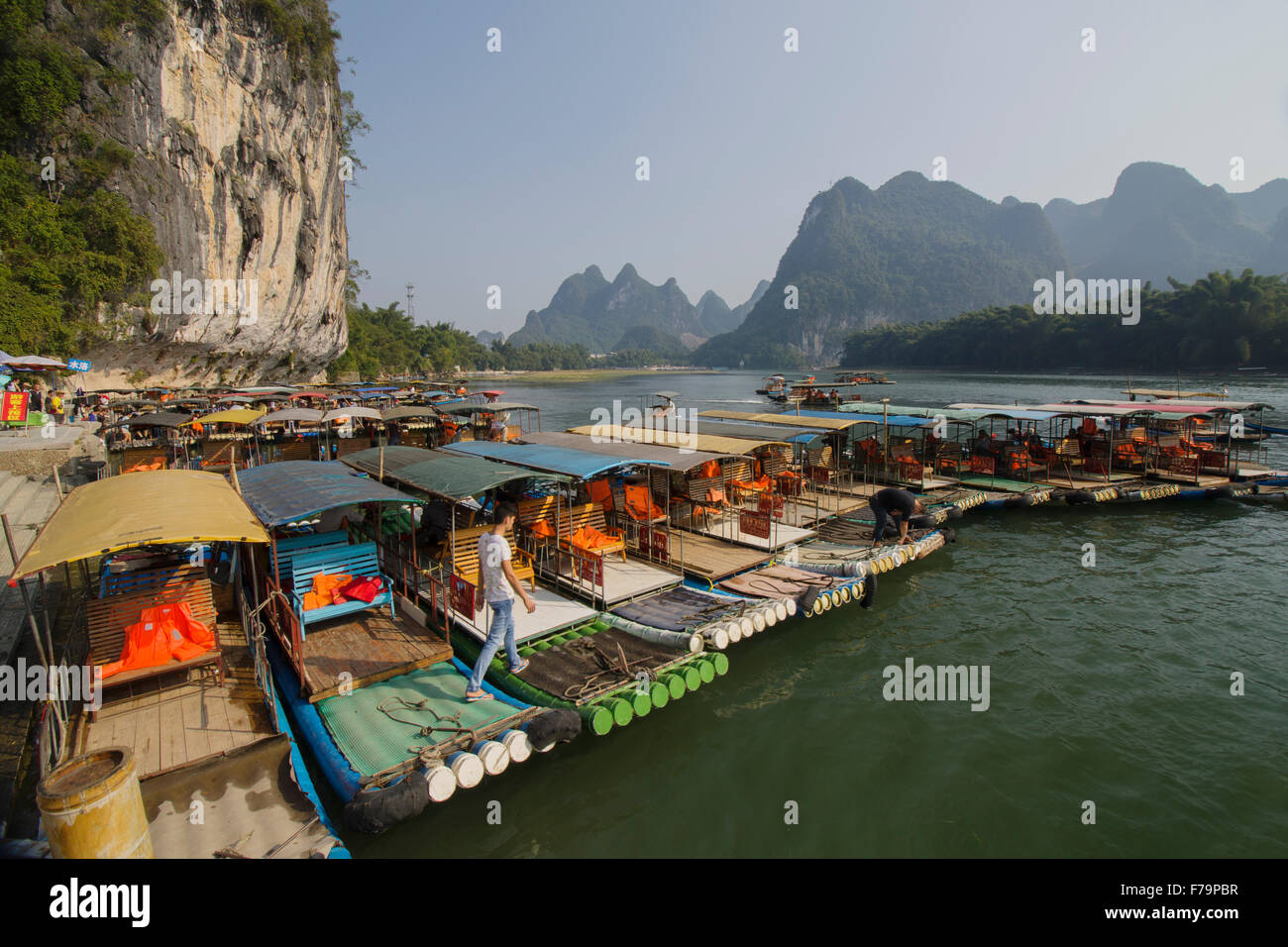 Tourist Bamboo Rafts on River Li at Xingping Guilin Region Guangxi, China LA008204 Stock Photo