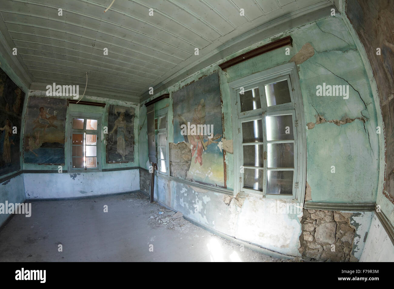 Wallpainting titles. Left to right: Phrixus and Helle, Mignon, The Spring (season), by Manos Papamalis, Kontias village, Lemnos Stock Photo