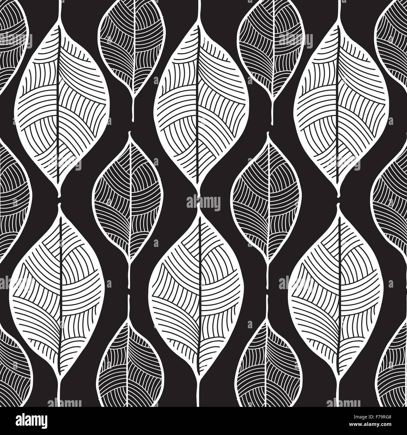 leaf pattern hand drawn sketch doodle illustration white on black background Stock Vector