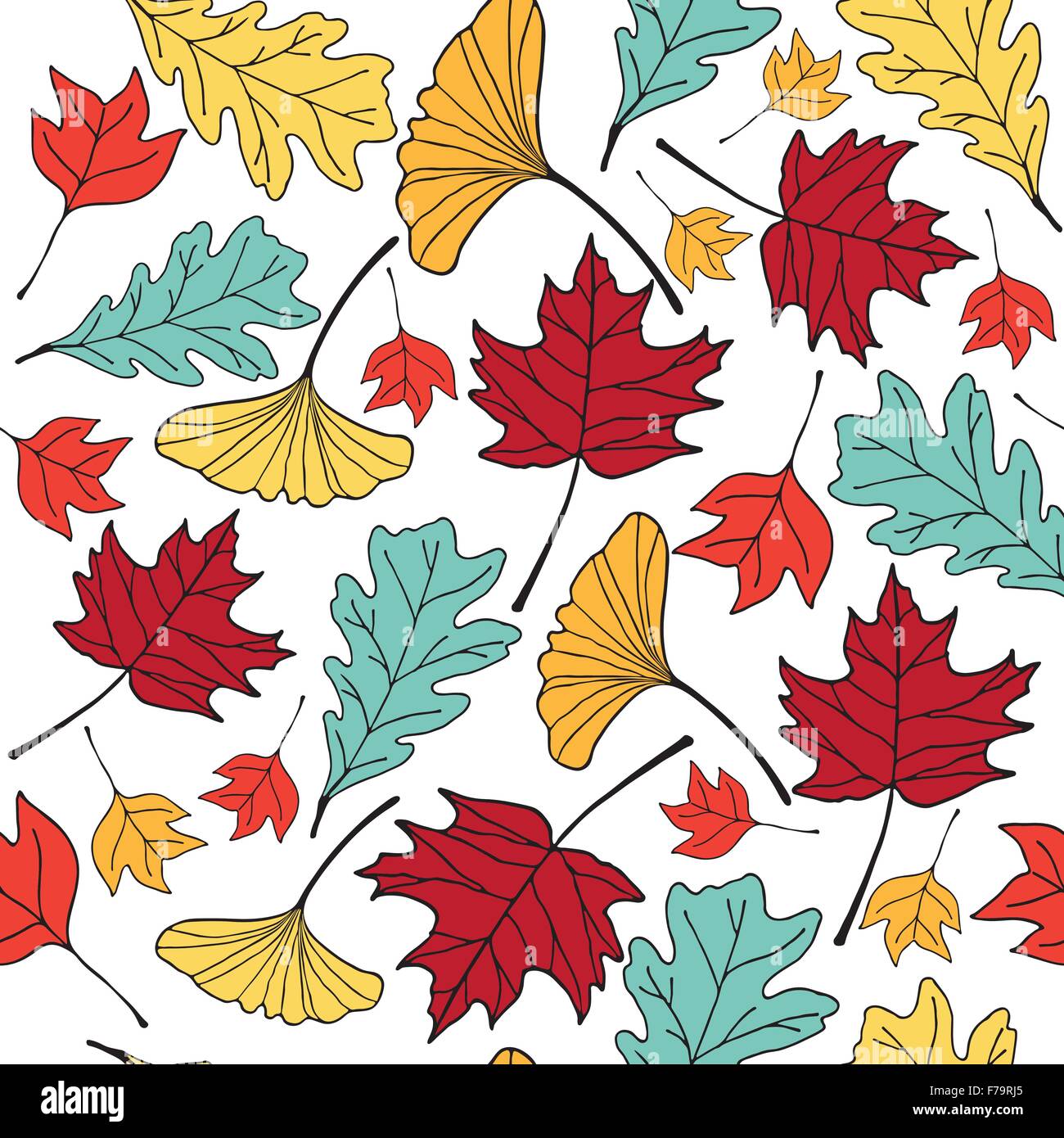 colorful autumn leaf hand drawn doodle illustration pattern seemless white background Stock Vector
