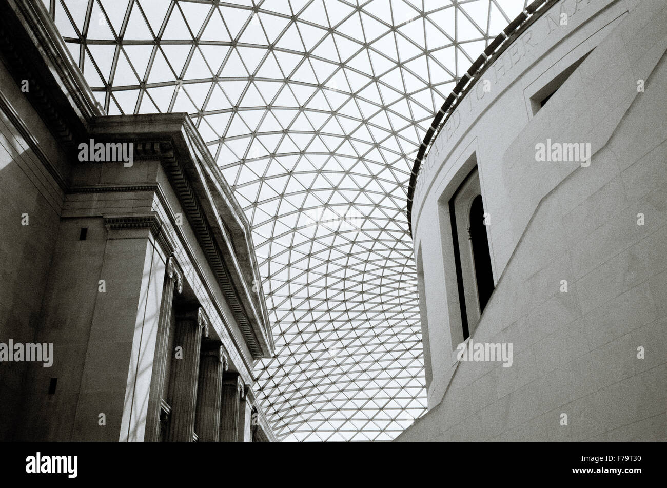 Interior of the British Museum in London in England in Great Britain in the United Kingdom UK. Architecture History Chiaroscuro Beautiful geometry Stock Photo