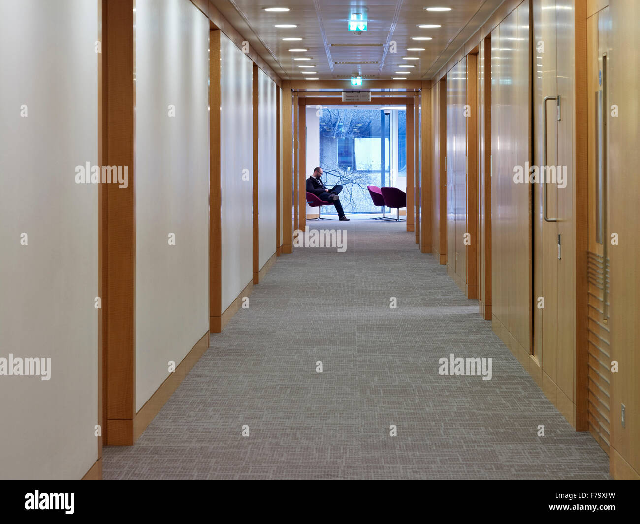 Office corridor and doorways in Linklaters office headquarters building, London, England, UK Stock Photo
