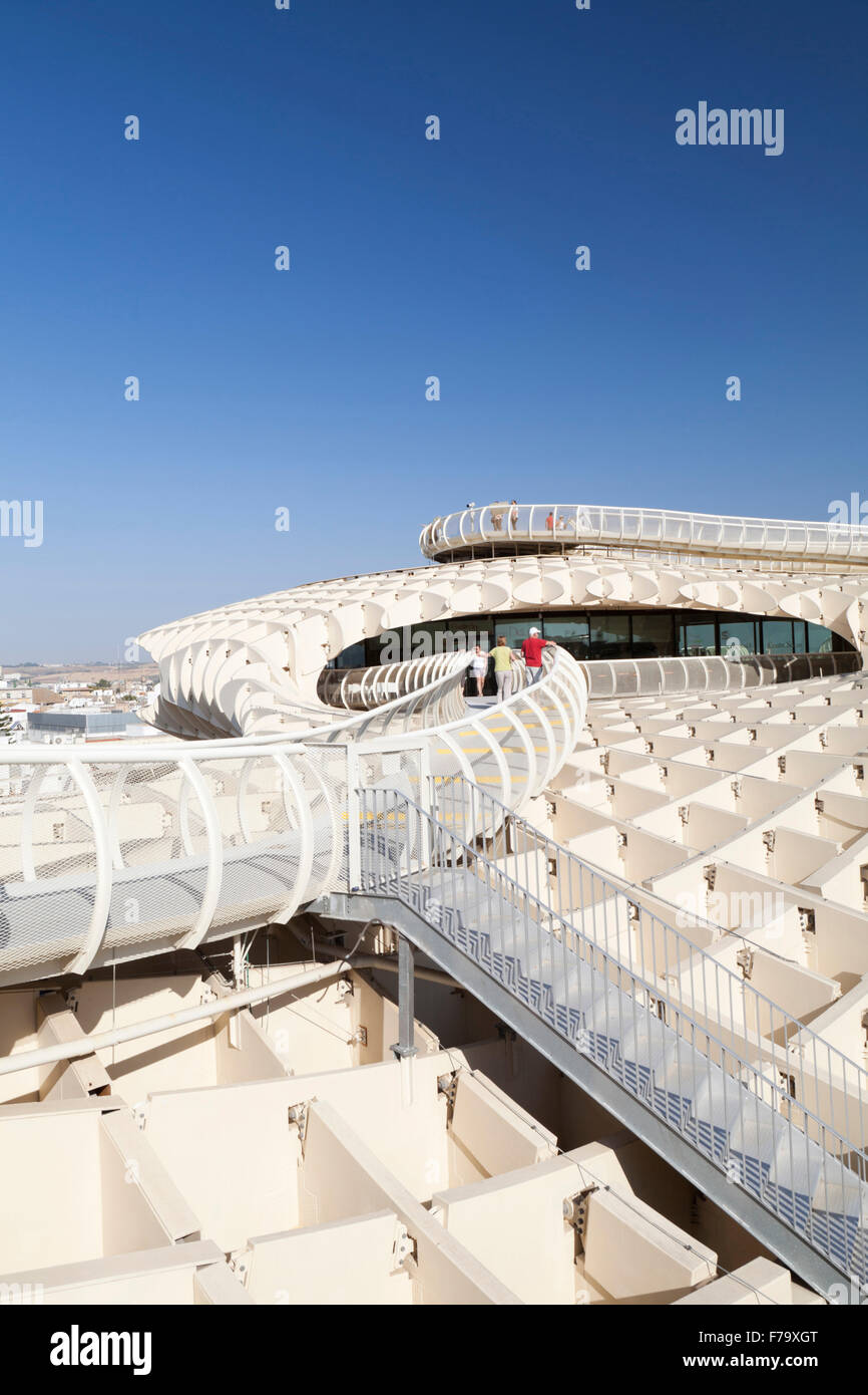 The Parasol Skywalk on the roof of the Metropol Parasol, Plaza de la Encarnacion, Seville, Andalucia, Spain. Stock Photo