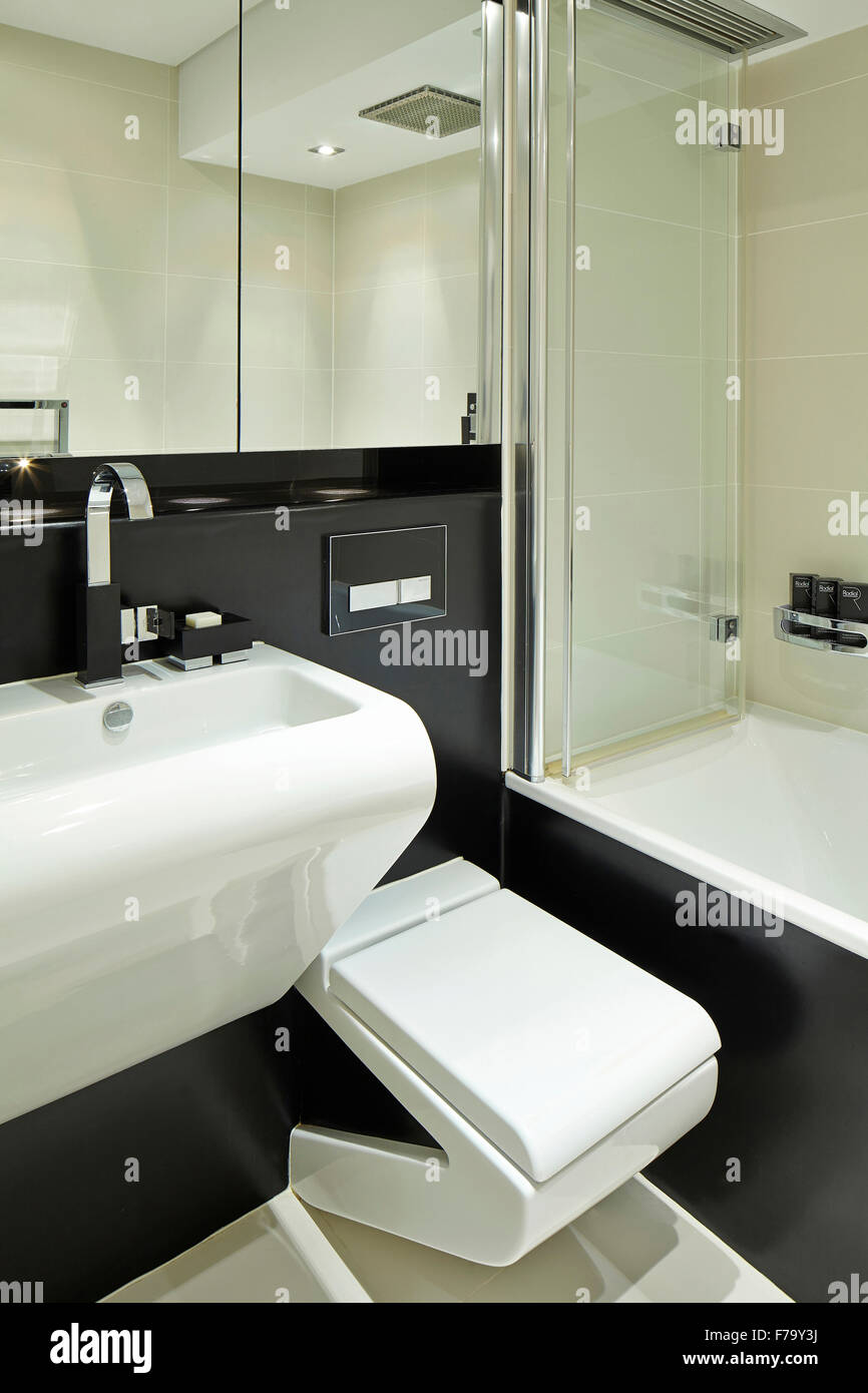 Black and white bathroom in 2 bed apartment, Farringdon, London, England, UK Stock Photo Alamy