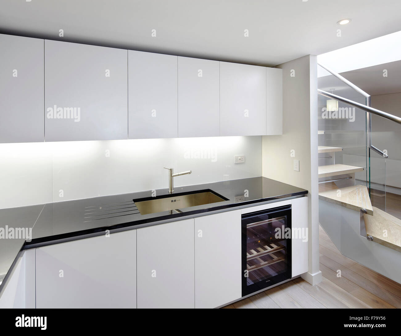 Kitchen with contemporary wine refrigerator in Strata Tower, London 2012, design by Ergonom Stock Photo