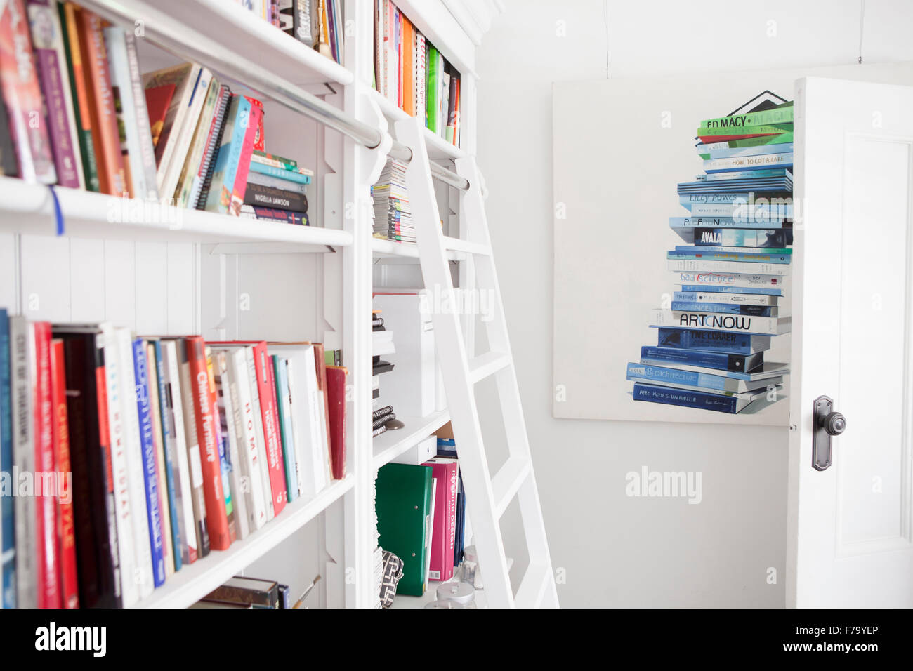 Ladder and bookcase in Sydney home of designer and Heritage Consultant Janine Hendry. Stock Photo
