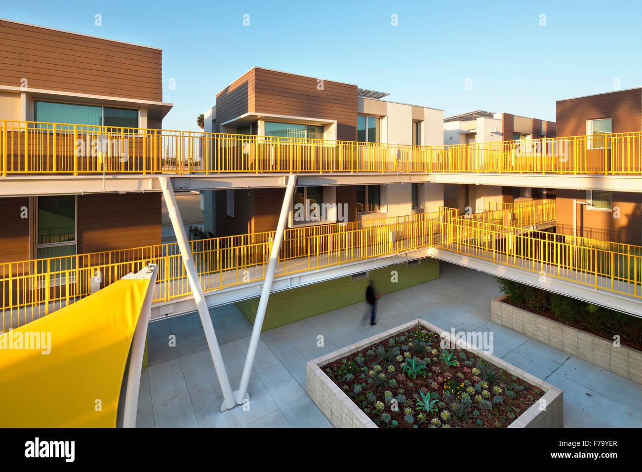 Interior courtyard at High Place West Affordable Homes, Santa Monica, CA by Kanner Architects and CCSM Stock Photo