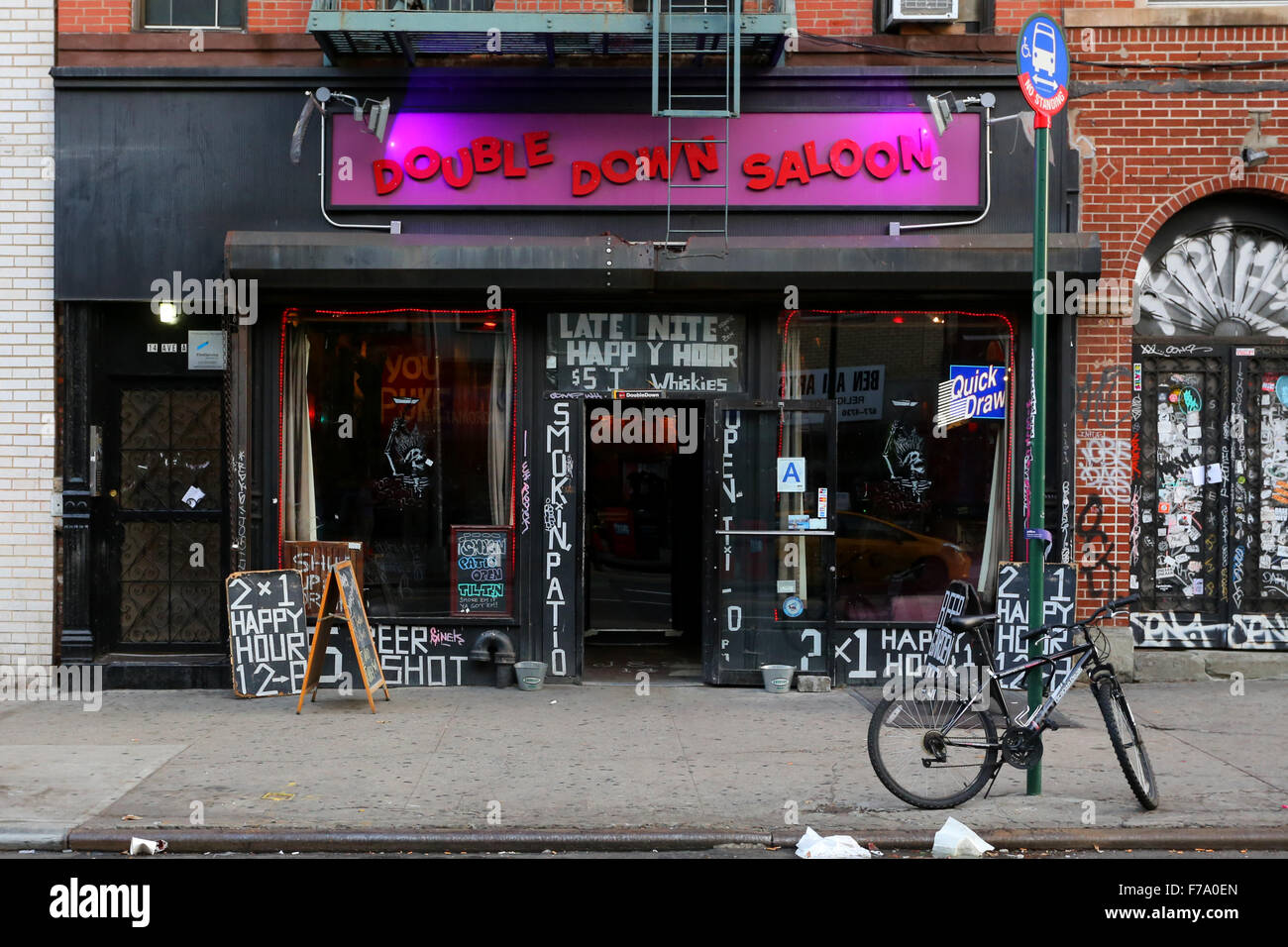 Double Down Saloon, 14 Ave A, New York, NY. exterior storefront of a  bar in the East Village neighborhood of Manhattan. Stock Photo
