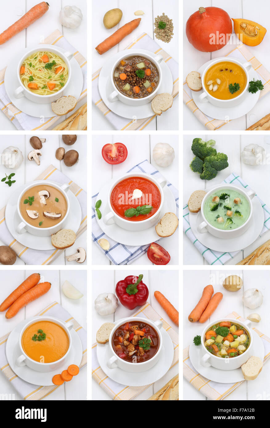 Collection of soups meal soup food in bowl tomato vegetable noodle closeup Stock Photo