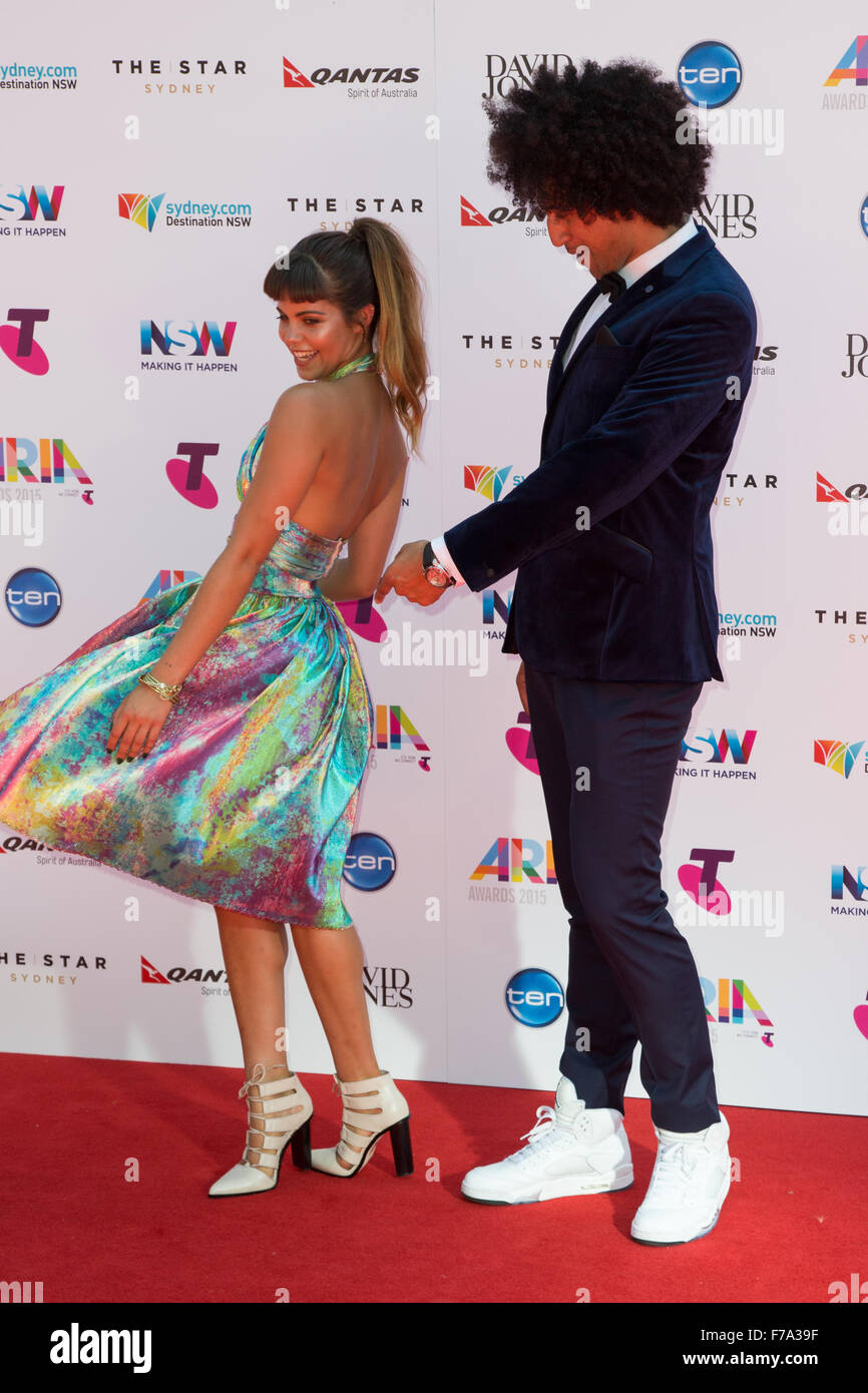 Mimi Elashiry and MTV VJ Kristian 'Krit' Schmidt arrive on the red carpet at The Star, Pyrmont for the 29th annual ARIA Awards. Stock Photo