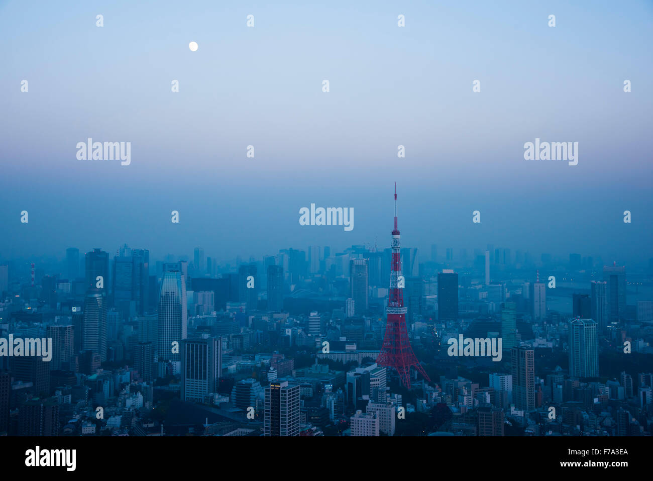 Tokyo Tower and Moon from Roppongi Hills observatory, Minato-Ku,Tokyo,Japan Stock Photo