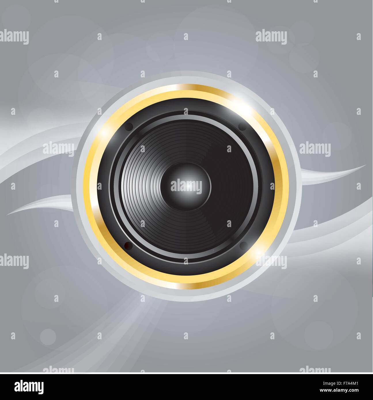 Music speaker of gold color on gray background with lines. EPS10 Stock Vector