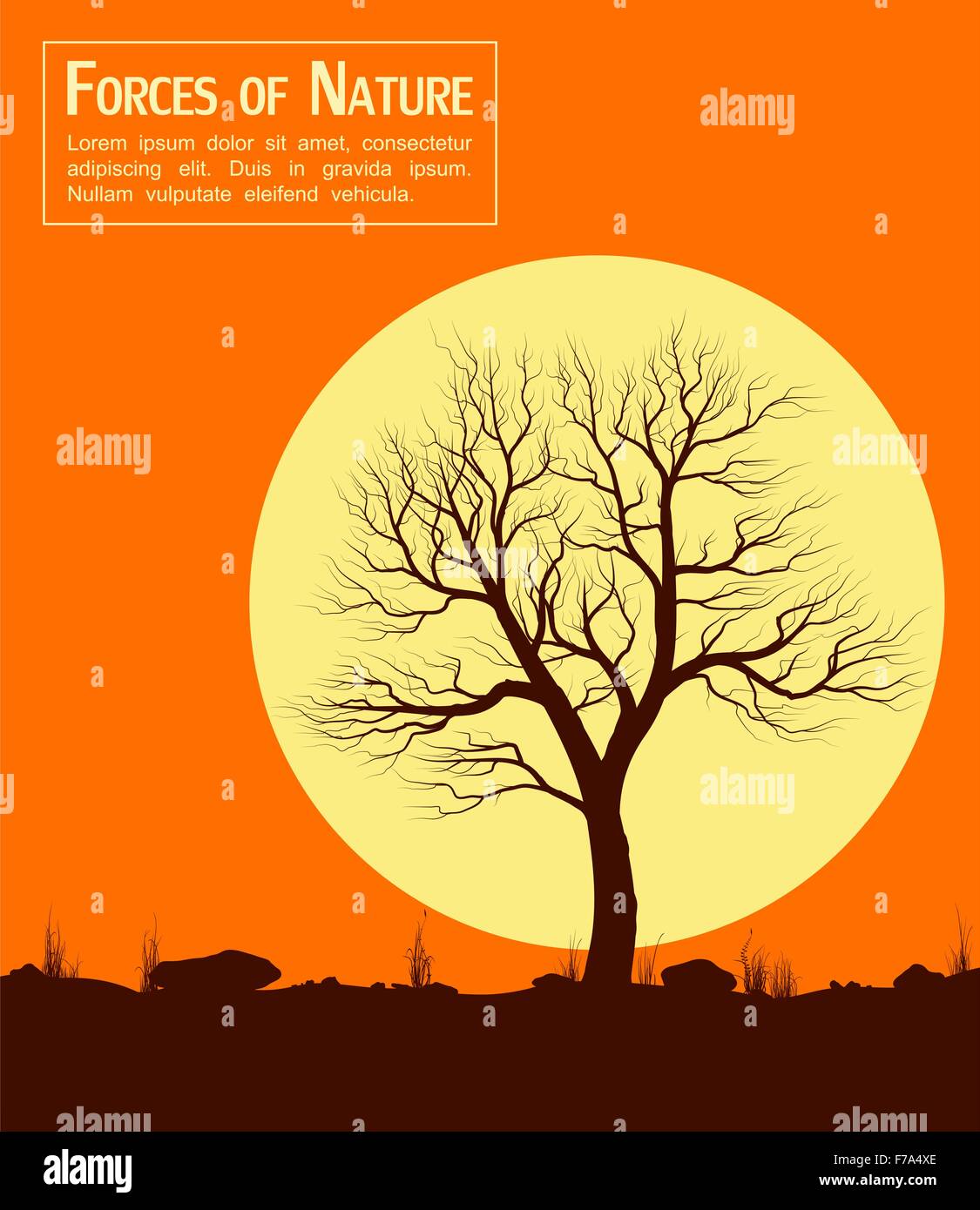 Landscape with old tree over sun. Stock Vector