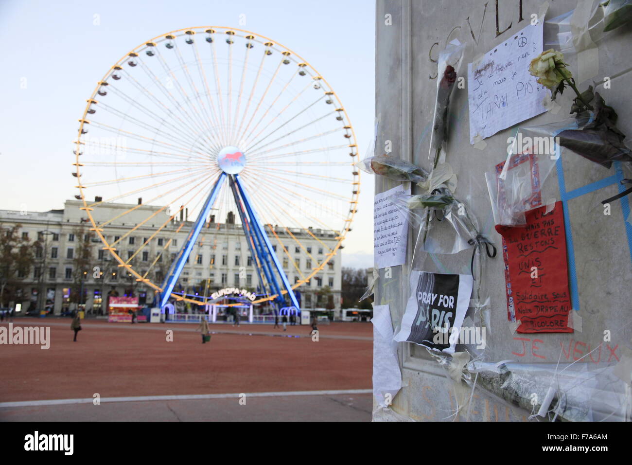 The city of Lyon pays tribute to the terrorist attacks perpetrated by Daesh in Paris, the 13 of november 2015, on the Bellecour place, in the center of the town. Stock Photo