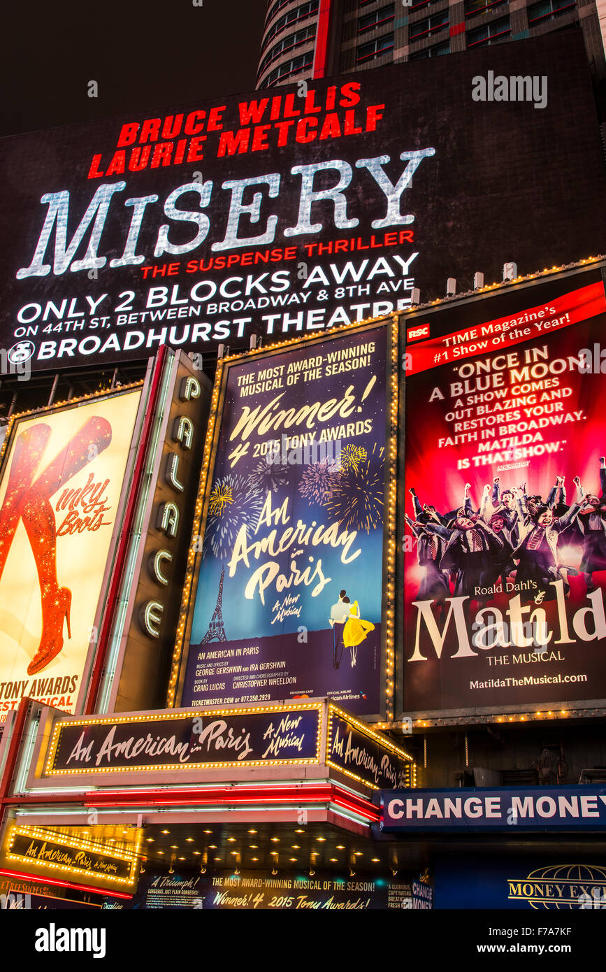 Musicals billboards, Theatre District, Broadway, Manhattan, New York, USA Stock Photo