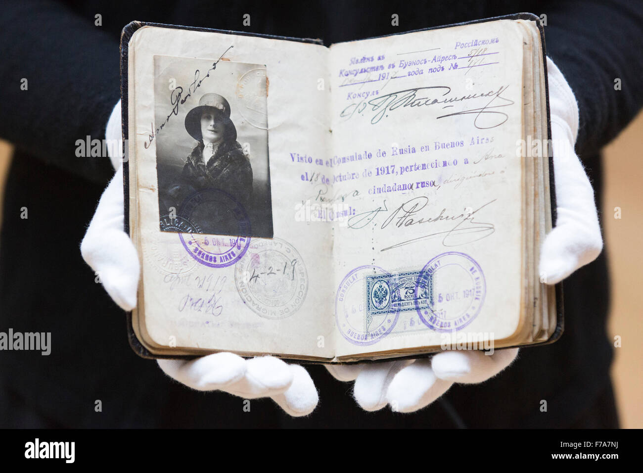 London, UK. 27 November 2015. Anna Pavlova's passport, estimate GBP 8,000-12,000. Christie's London announce a series of sales devoted to Russian culture and art. On 30 November the Russian Art sale featuring paintings and of works of art will take place followed by the Valuable Book and Manuscript sale on 1 December. Stock Photo