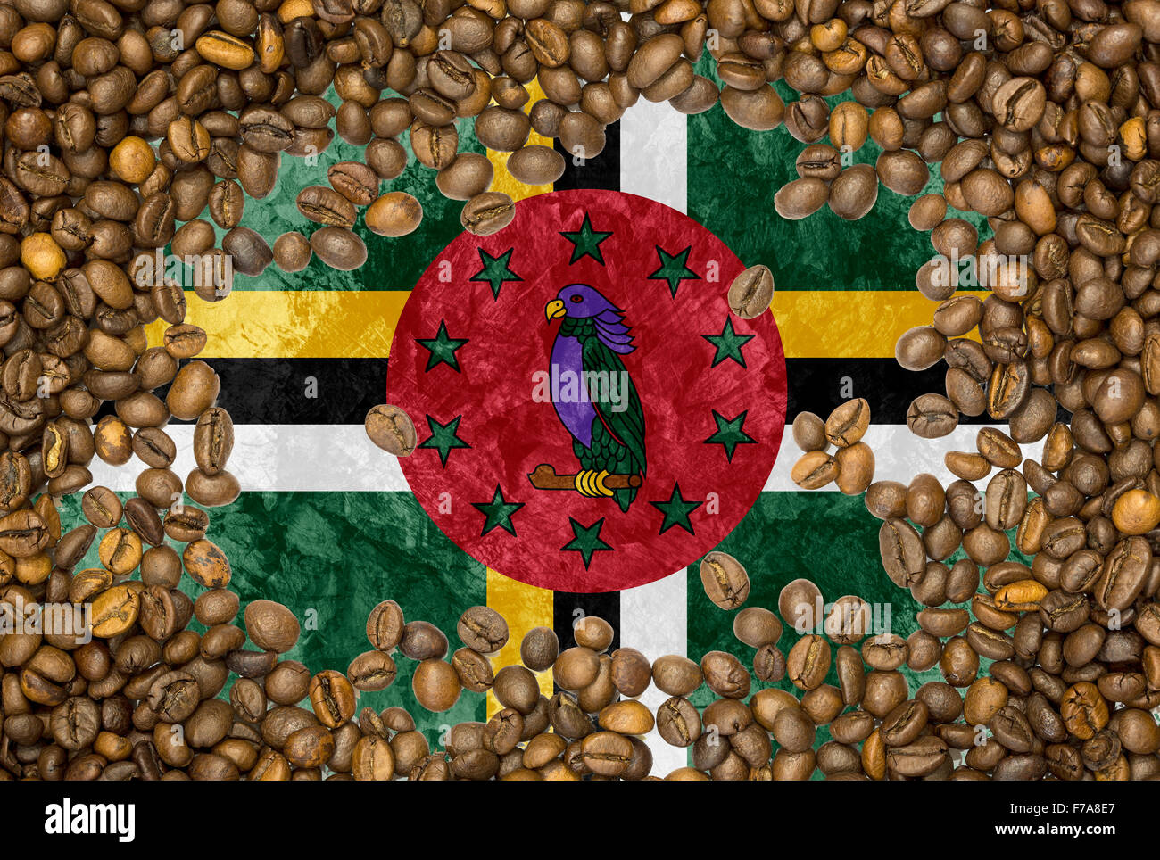 National country flag of Dominican Republic under a background of roasted brown coffee beans Stock Photo
