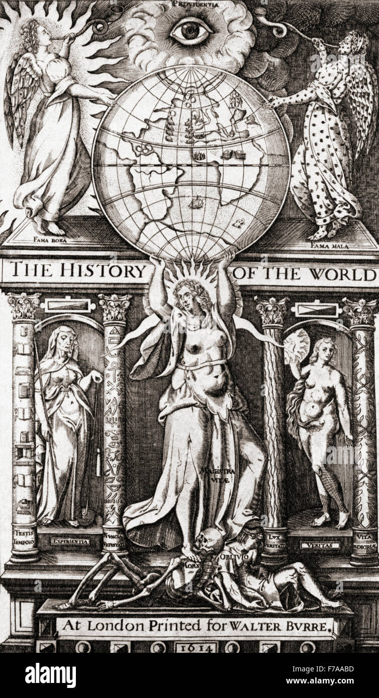 After the title page of Raleigh's History of the World, 1614. Stock Photo