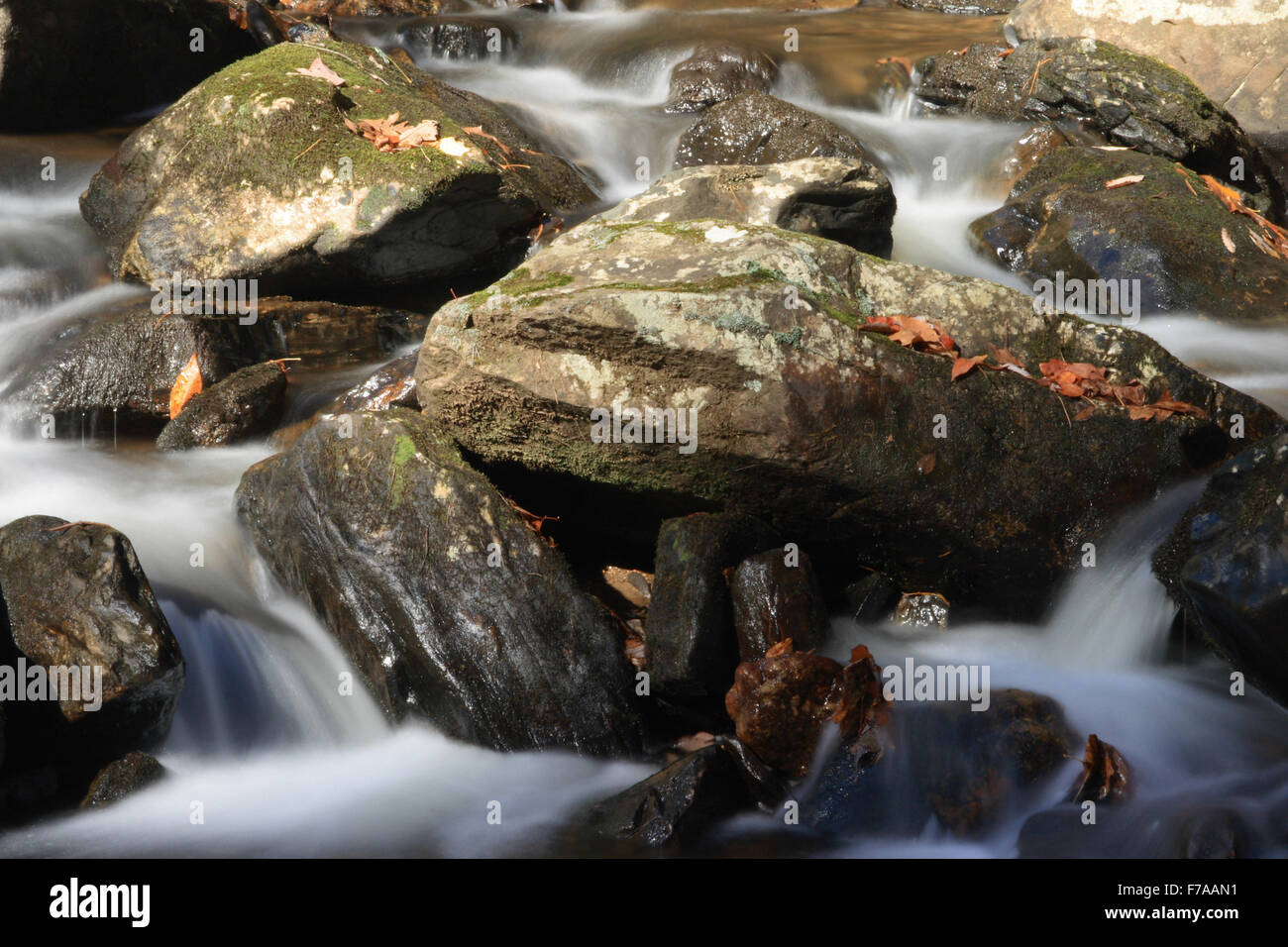 Mountain stream flowing over rocky ground making cascades Stock Photo