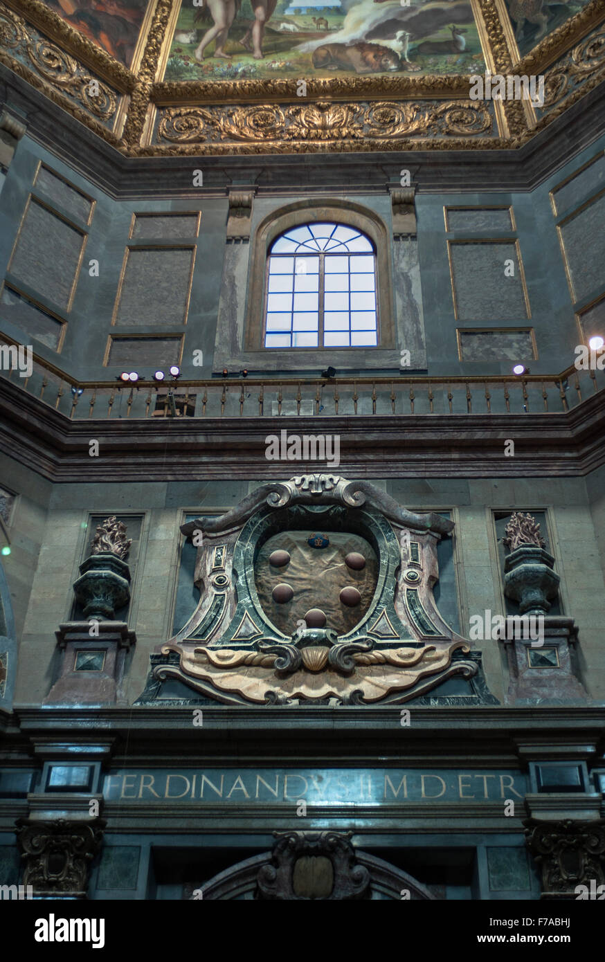 Grand Duke Ferdinando I tomb with Medici coat of arms above in the chapel of princes Stock Photo
