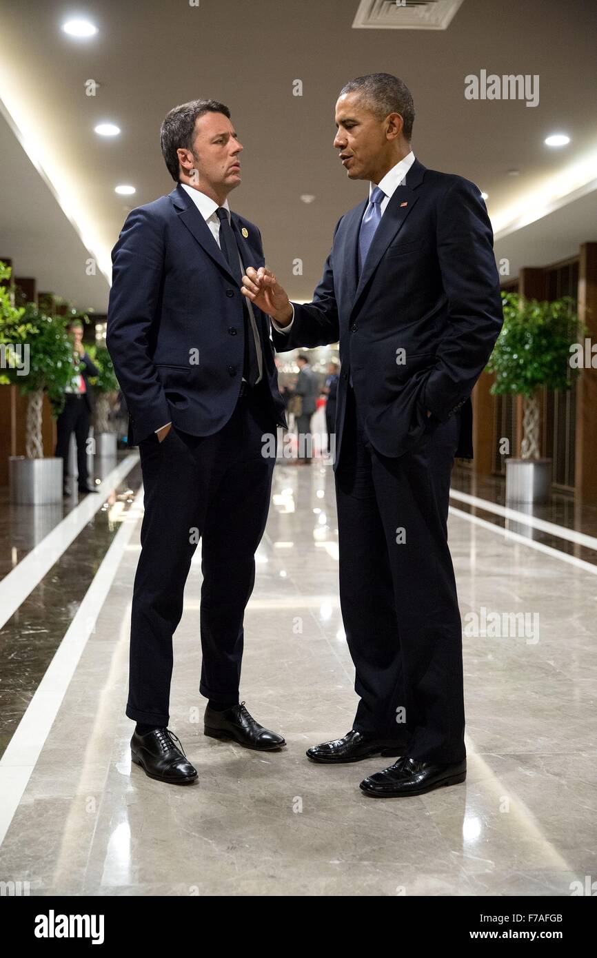 U.S. President Barack Obama talks with Italian Prime Minister Matteo Renzi on the sidelines of the G20 Summit at Regnum Carya Resort November 15, 2015 in Antalya, Turkey. Stock Photo