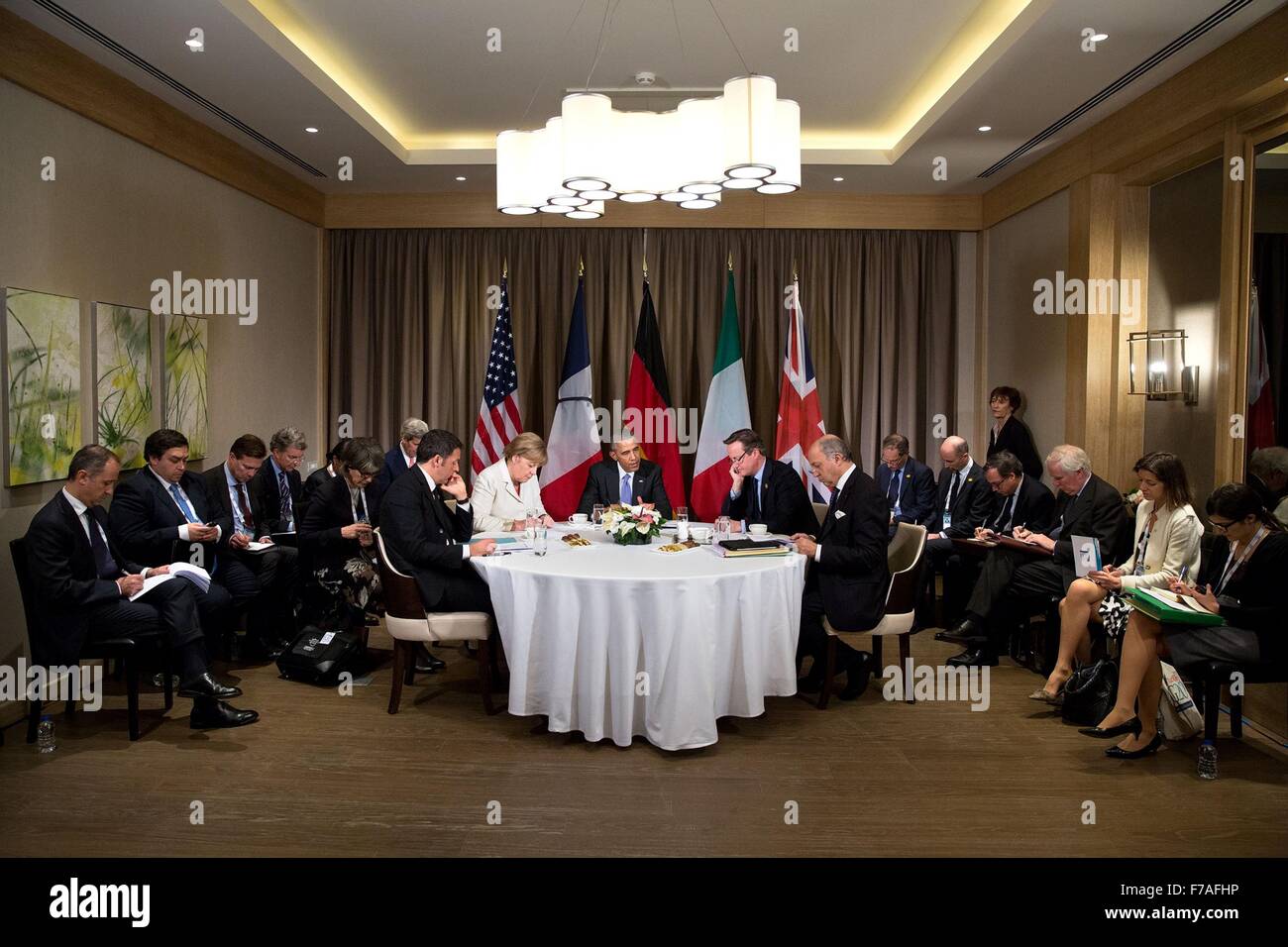 U.S. President Barack Obama meets with European leaders to discuss the terrorist attacks in Paris and combatting terrorism during the G20 Summit at Regnum Carya Resort November 16, 2015 in Antalya, Turkey. Stock Photo