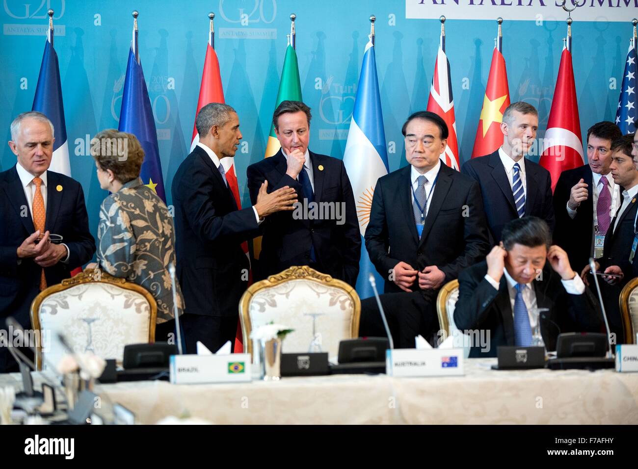U.S. President Barack President Barack talks with British Prime Minister David Cameron during the G20 Summit meeting at Regnum Carya Resort November 15, 2015 in Antalya, Turkey. Stock Photo