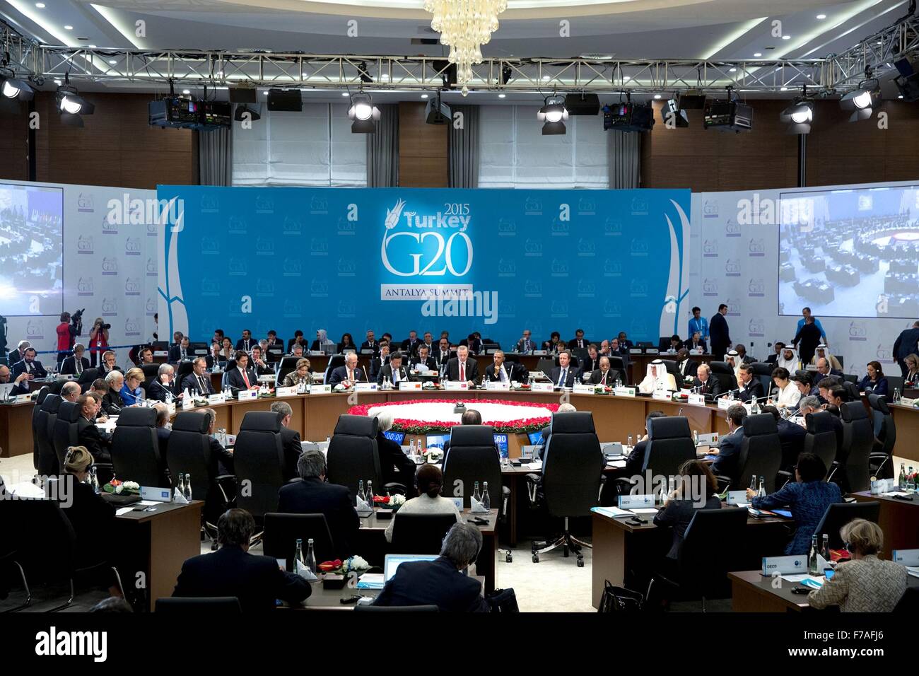 U.S. President Barack Obama participates in a global economy, growth strategies, employment and investment strategies session with G20 leaders during the G20 Summit at Regnum Carya Resort November 15, 2015 in Antalya, Turkey. Stock Photo