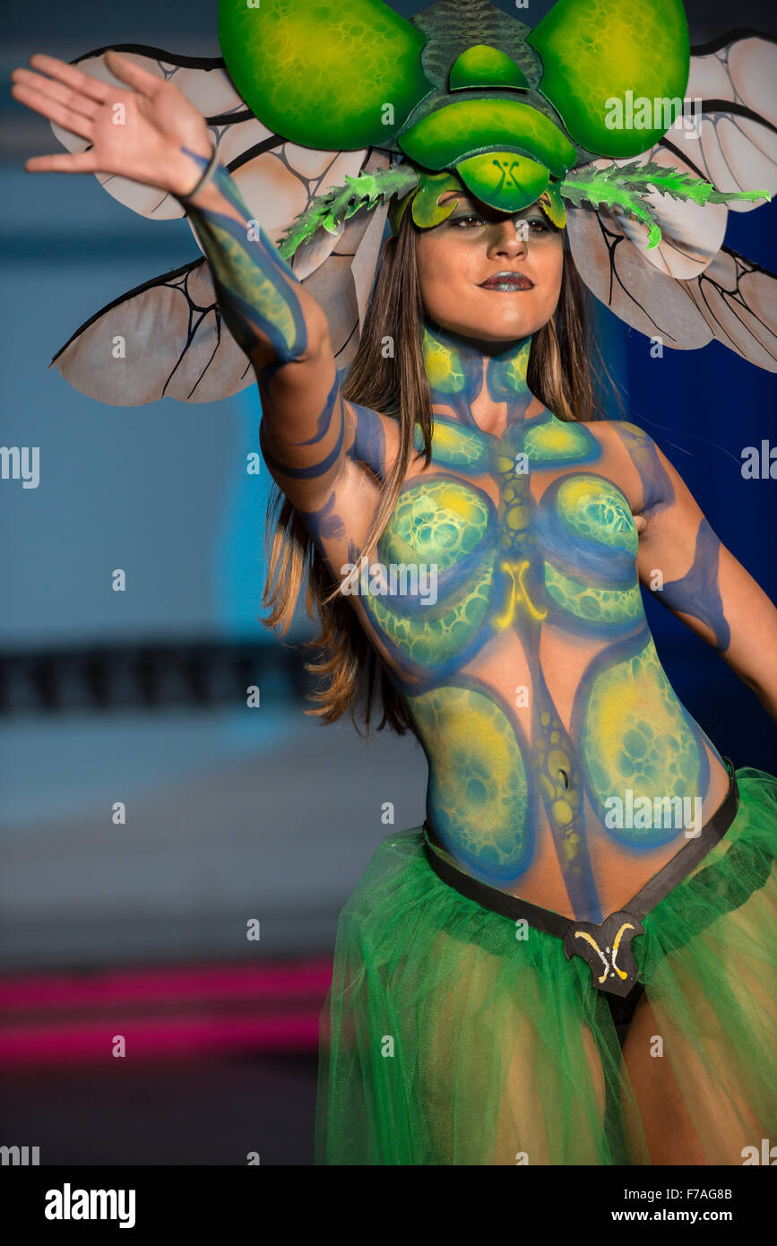 Model in fashion show wearing body paint design by Colombian designer Bodypaint Anubis Stock Photo