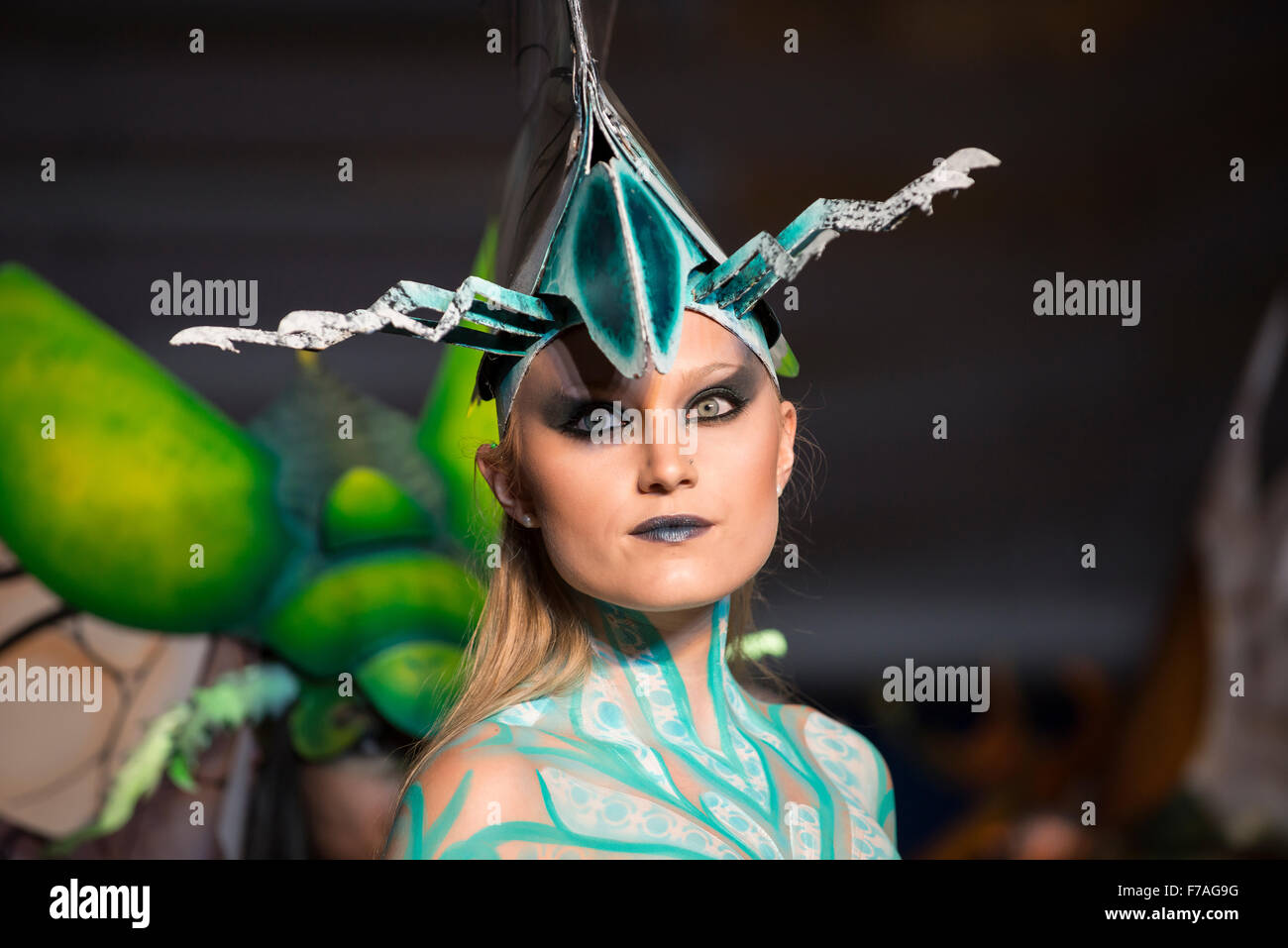 Model in fashion show wearing body paint design by Colombian designer Bodypaint Anubis Stock Photo