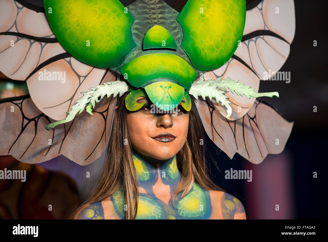 Model in fashion show wearing body paint design by Colombian designer Bodypaint Anubis Stock Photo