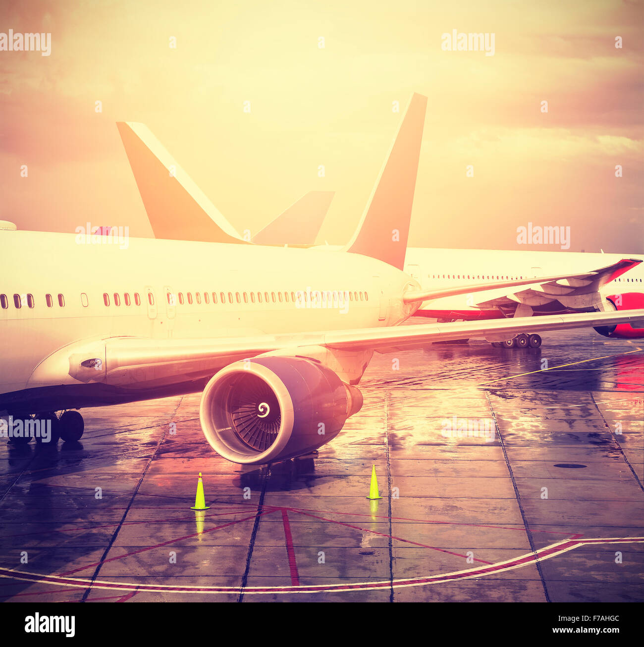 Vintage filtered picture of an airport, transportation and travel concept. Stock Photo