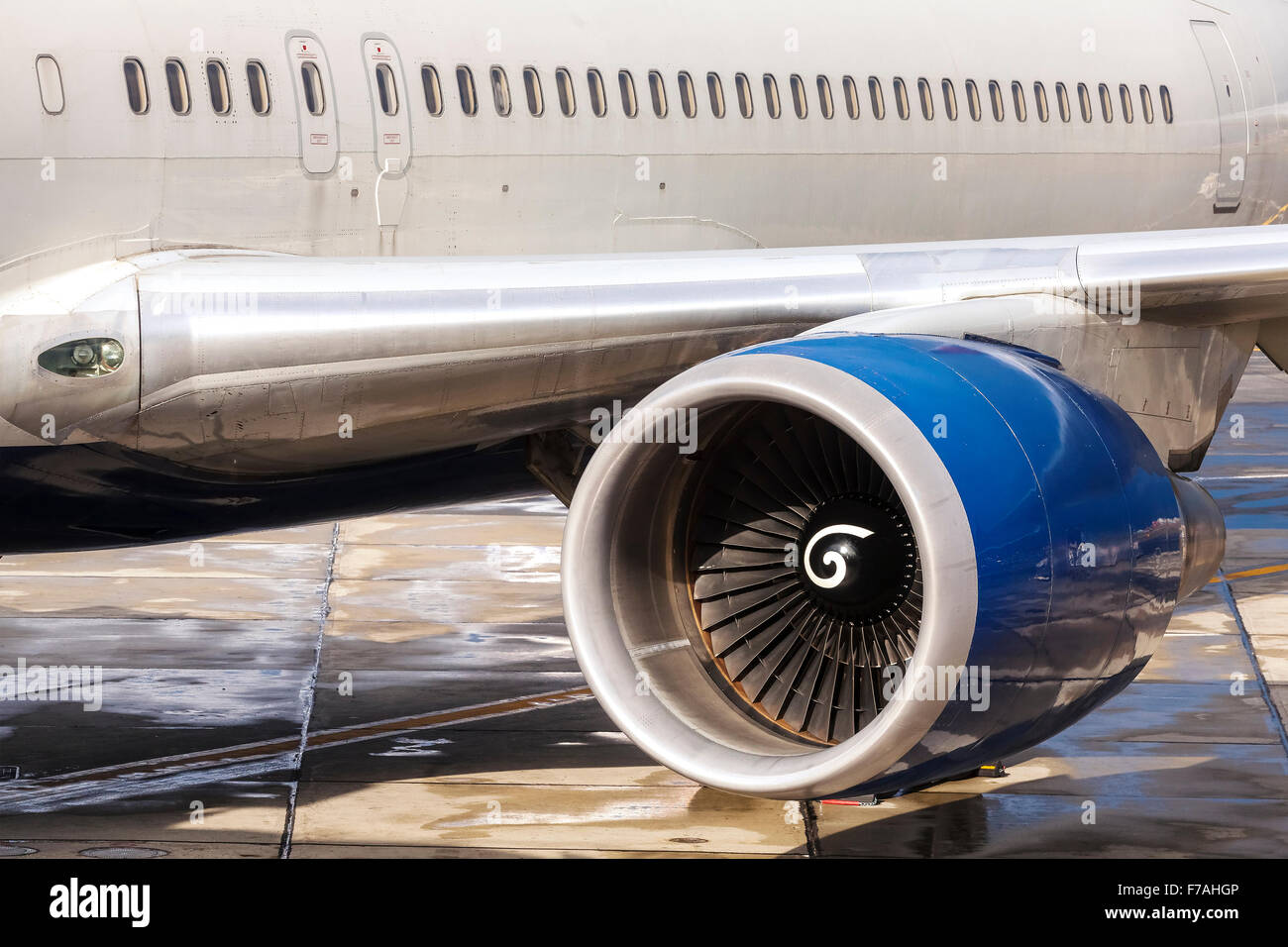 Close up picture of an engine of a passenger airplane. Stock Photo