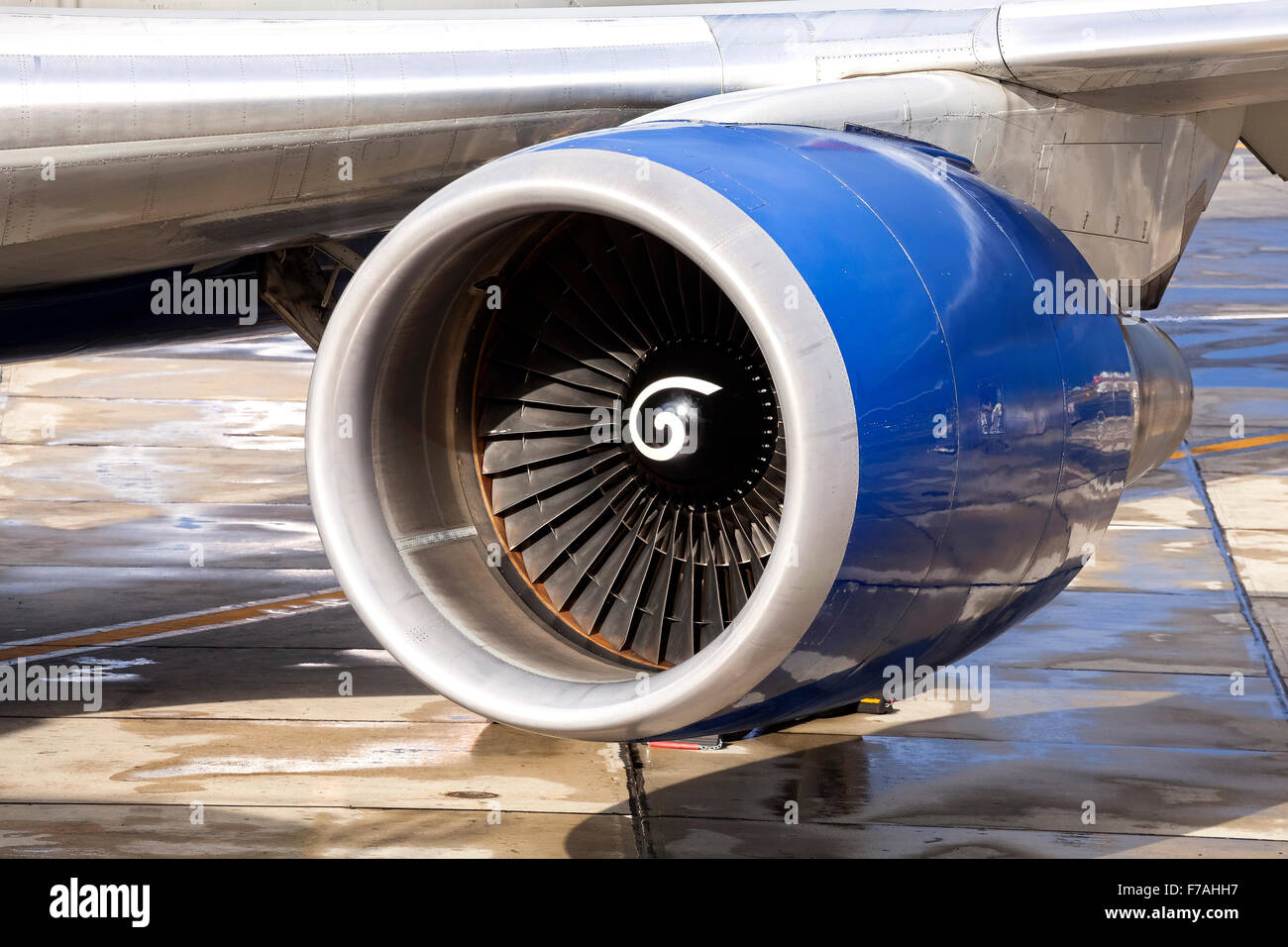 Close up picture of an engine of a passenger airplane. Stock Photo