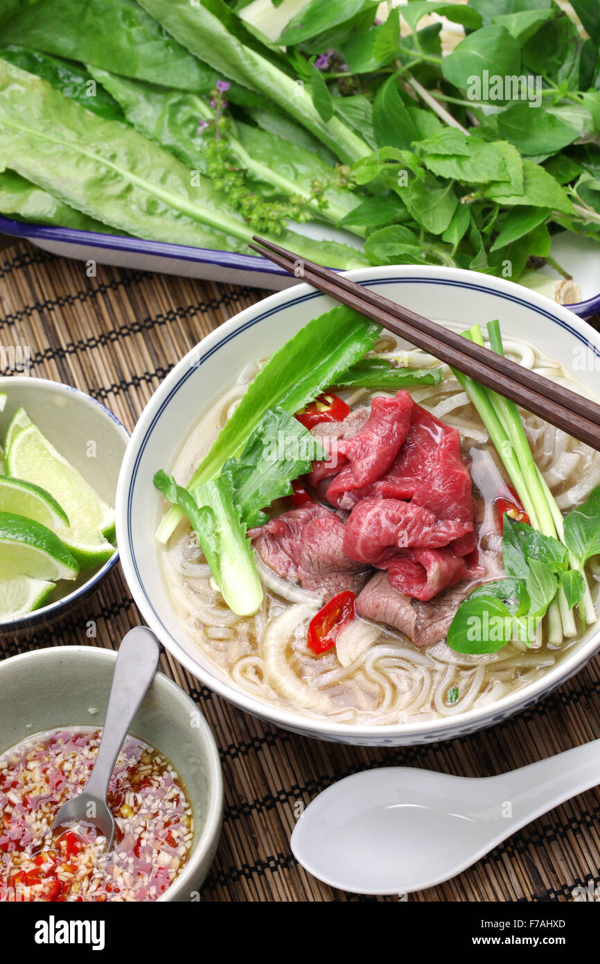 pho bo, vietnamese beef rice noodle soup, vietnamese food Stock Photo