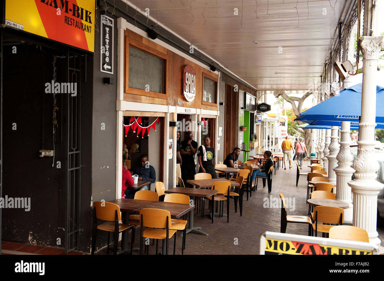 Sidewalk cafes along Durban's Florida Road entertainment area.  Durban South Africa Stock Photo