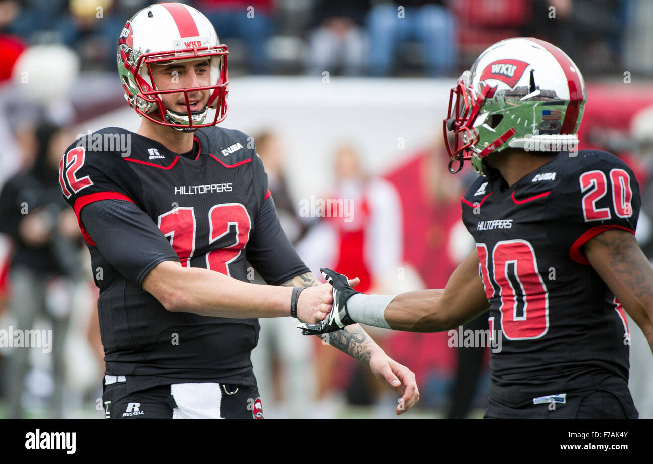 Bowling Green, Kentucky, USA. 27th Nov, 2015. Western Kentucky quarterback Brandon Doughty (12) and running back Anthony Wales (20) shake hands before a play during the first half of an NCAA football game against Marshall at L.T. Smith Stadium in Bowling Green, Kentucky.Nick Wagner/CSM/Alamy Live News Stock Photo