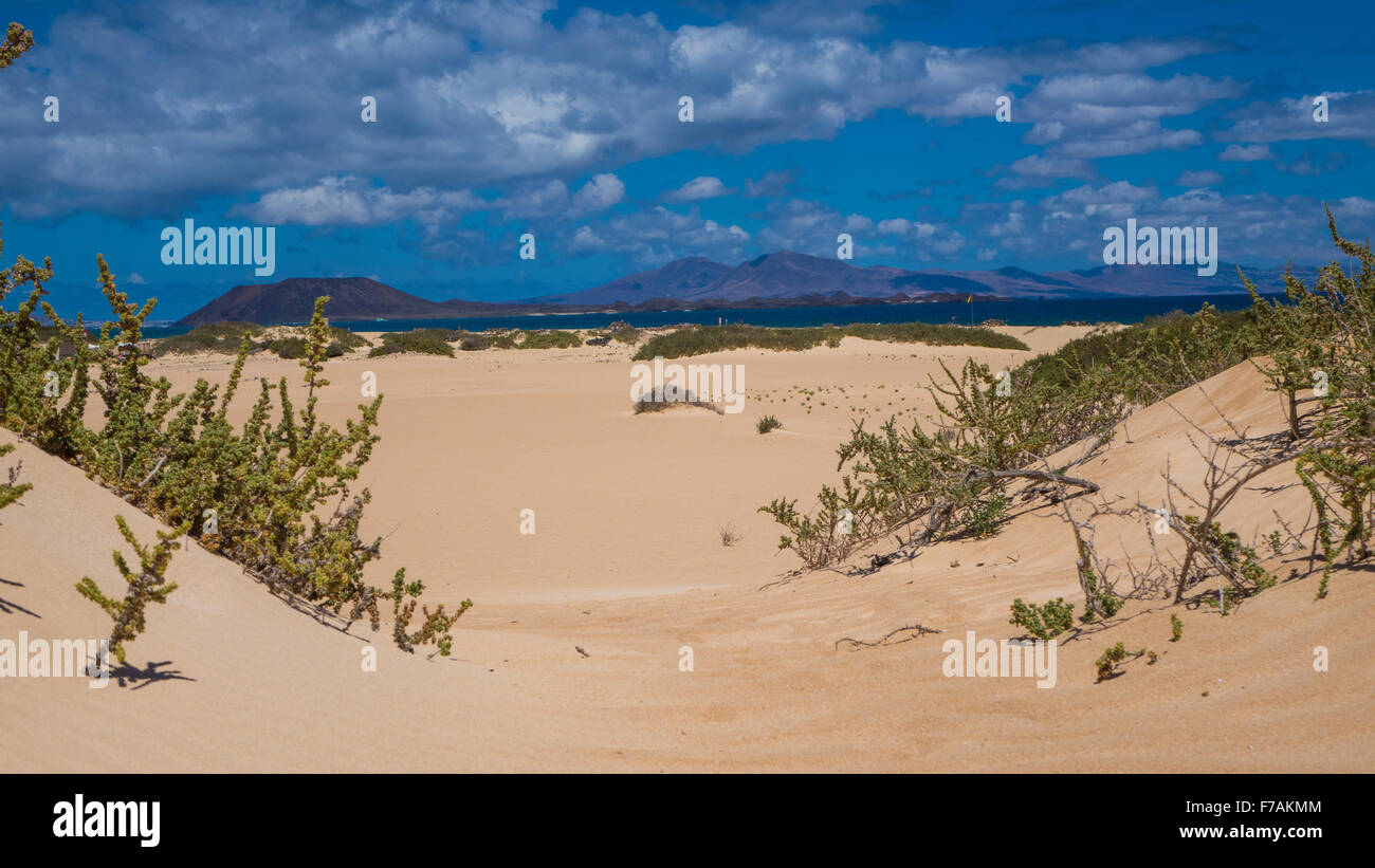 Bright sun on  sand banks with mountains in the background in Corralejo, Fuerteventura, Canary-islands, Spain Stock Photo