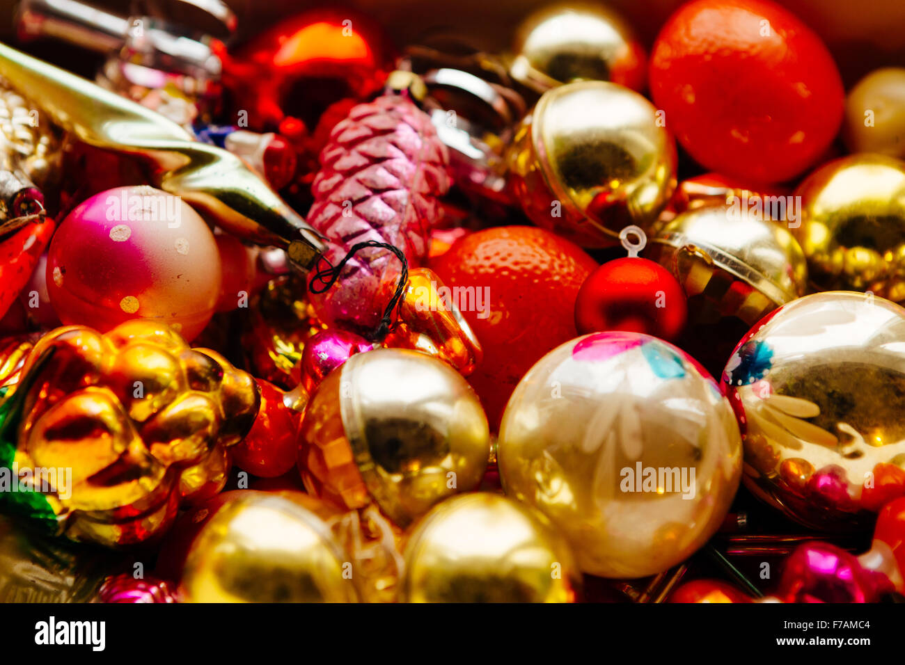 Many beautiful christmas or new year fir tree decoration colorful toys. Stock Photo